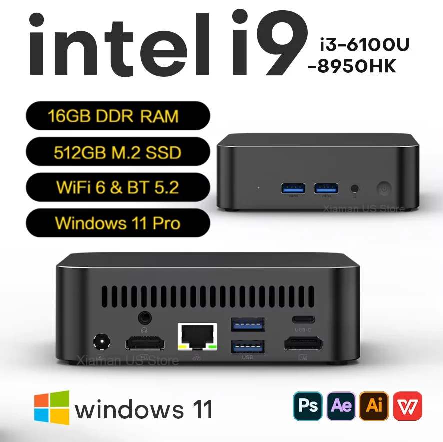 Xiaman Mini PC Windows 11 Pro Intel Core I9 8950Hk I3 6100U 1 | PricZone Compact mini PC with Intel i9 branding shows 16GB DDR RAM 512GB M2 SSD WiFi 6 BT 52 and Windows 11 Pro text | PricZone