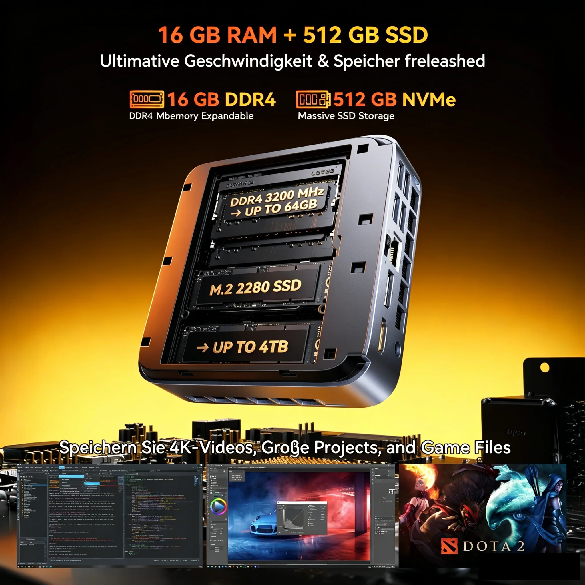 Promo collage highlighting PC components: 16 GB RAM, 512 GB SSD, DDR4 memory, NVMe storage, with 4K video and game file savings message.