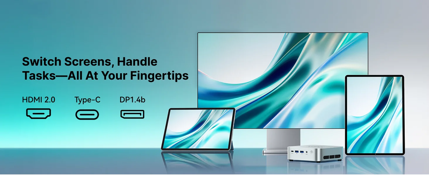 Hero banner showing a teal gradient background with a monitor, tablet, laptop, and mini PC, and the slogan “Switch Screens, Handle Tasks—All At Your Fingertips.”