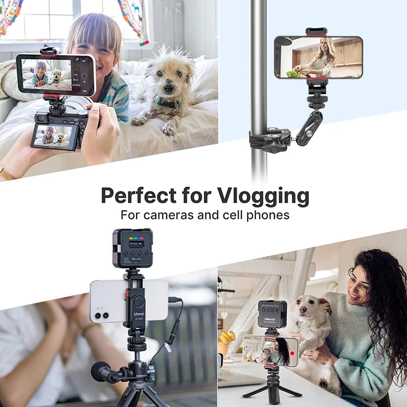 Ulanzi St06S Vertical Shooting Phone Mount for DSLR Camera 6 | PricZone Collage of vlogging gear phone mounted rig tripod with camera phone on a pole mount and a woman filming her dog with a phone | PricZone