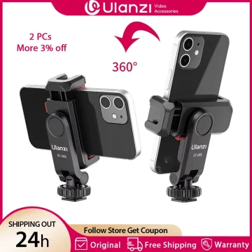Ulanzi St06S Vertical Shooting Phone Mount for DSLR Camera 1 | PricZone Ulanzi ST 06S phone mount gripping two smartphones with a 360° rotation indicator showing adjustable clamp and ball joint | PricZone