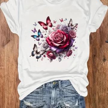 Plus Size Loose Fit Tank Top with Rose Butterfly 1