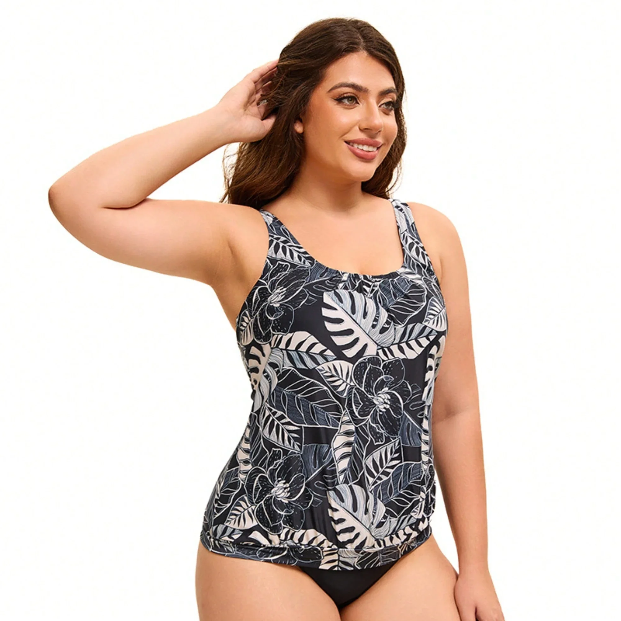 Plus Size Tropical Leaf Print One Piece Swimsuit with Tummy 2 | PricZone Plus Size Tropical Leaf Print One Piece Swimsuit with Tummy 2 | PricZone