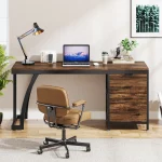 Tribesigns Computer Desk with 3 Reversible Drawers 4 | PricZone Modern home office desk setup with laptop adjustable black lamp plant coffee cup and framed artwork on a beige wall | PricZone