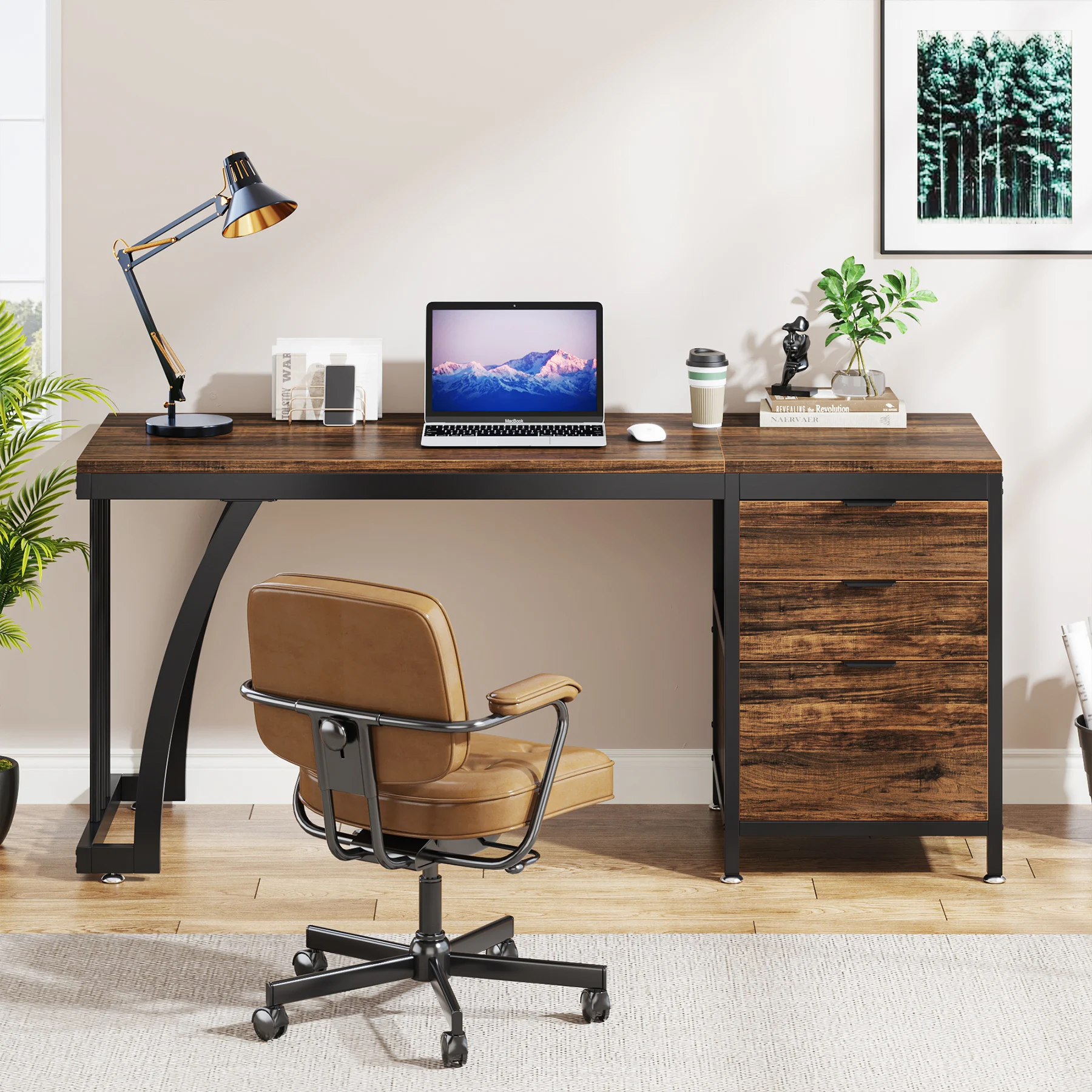 Tribesigns Computer Desk with 3 Reversible Drawers 4 | PricZone Modern home office desk setup with laptop adjustable black lamp plant coffee cup and framed artwork on a beige wall | PricZone
