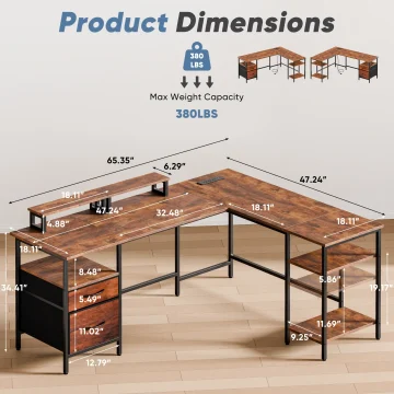 62-in L-Shaped Computer Desk with 2 Drawers and Storage 2