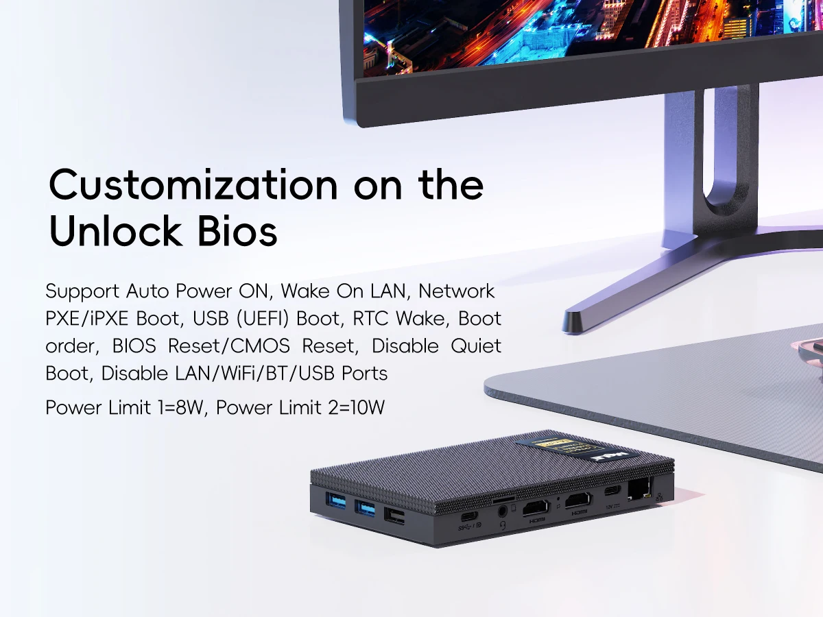 Compact black mini PC with multiple ports sits on a desk beside a large monitor, overlaid with the headline 'Customization on the Unlock Bios'.