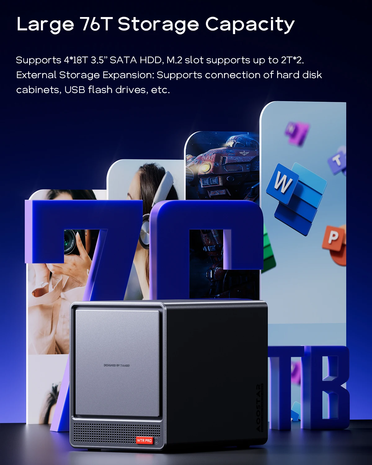 Ryzen 7 5825U 4Bay Nas Mini PC with 2535 Sata X4 Storage 6 | PricZone Promotional image of a large 76TB external storage unit with stacked panels against a dark blue gradient background | PricZone