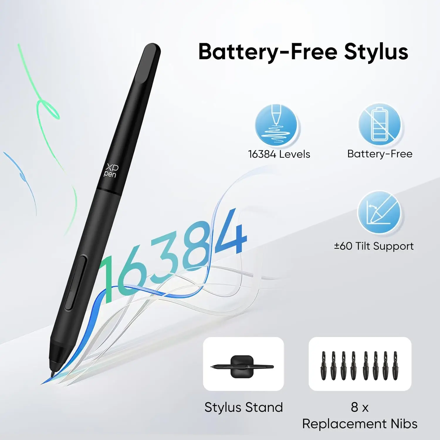 Battery-Free Stylus with tilt support and 16384 pressure levels; shown with stand and 8 replacement nibs.