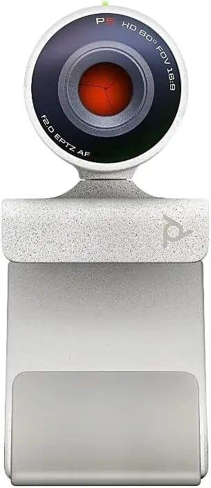 White webcam with a circular lens on top and a textured silver base, mounted in an adjustable stand for video calls