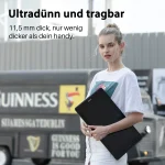 Advertisement Ultradünn und tragbar headline with German subheading young woman holding a slim laptop outdoors in front of a truck Sketchy urban background | PricZone