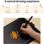 Gaomon M10K Graphic Tablet for Drawing and Art 1 | PricZone Hand holding a stylus drawing orange strokes on a tablet with product features listed above 8192 Pen Pressure Battery Free Pen Pen Buttons 8 Extra Nibs | PricZone
