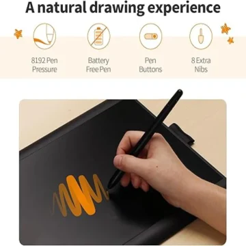 Hand holding a stylus drawing orange strokes on a tablet, with product features listed above (8192 Pen Pressure, Battery Free Pen, Pen Buttons, 8 Extra Nibs).