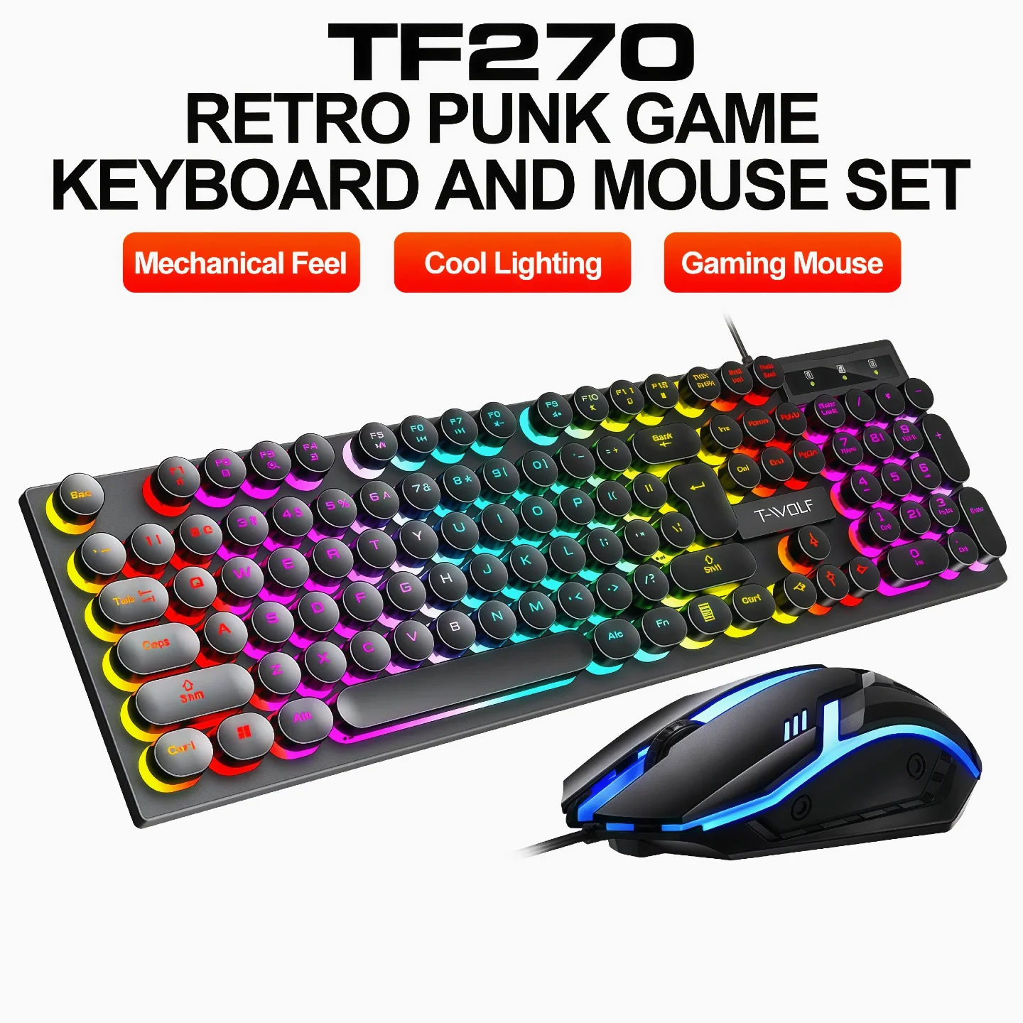 TF270 retro-punk keyboard with multicolor rainbow backlighting and a matching gaming mouse