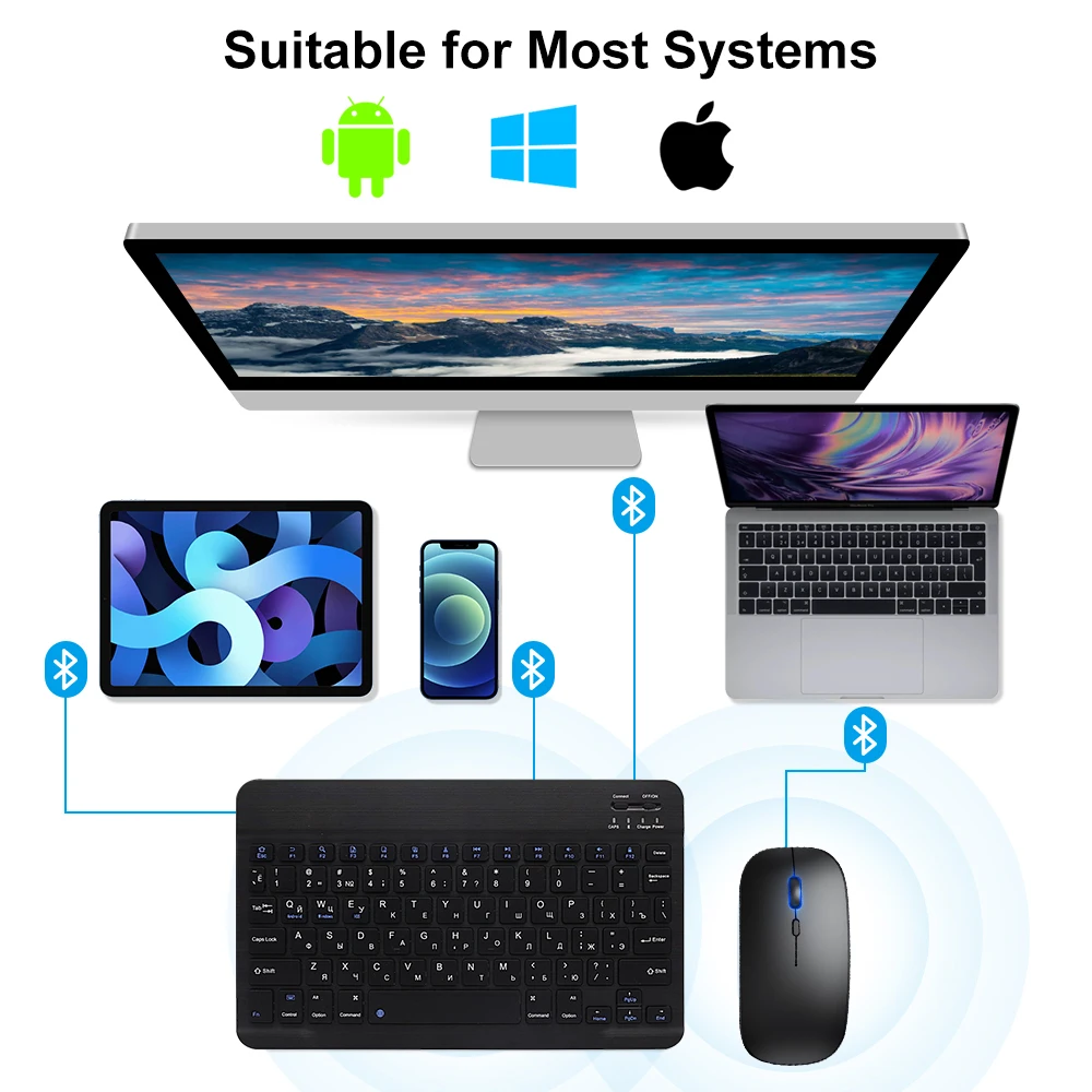 Wireless keyboard and mouse paired via Bluetooth with Android, Windows, and macOS devices (monitor, tablet, phone, laptop).