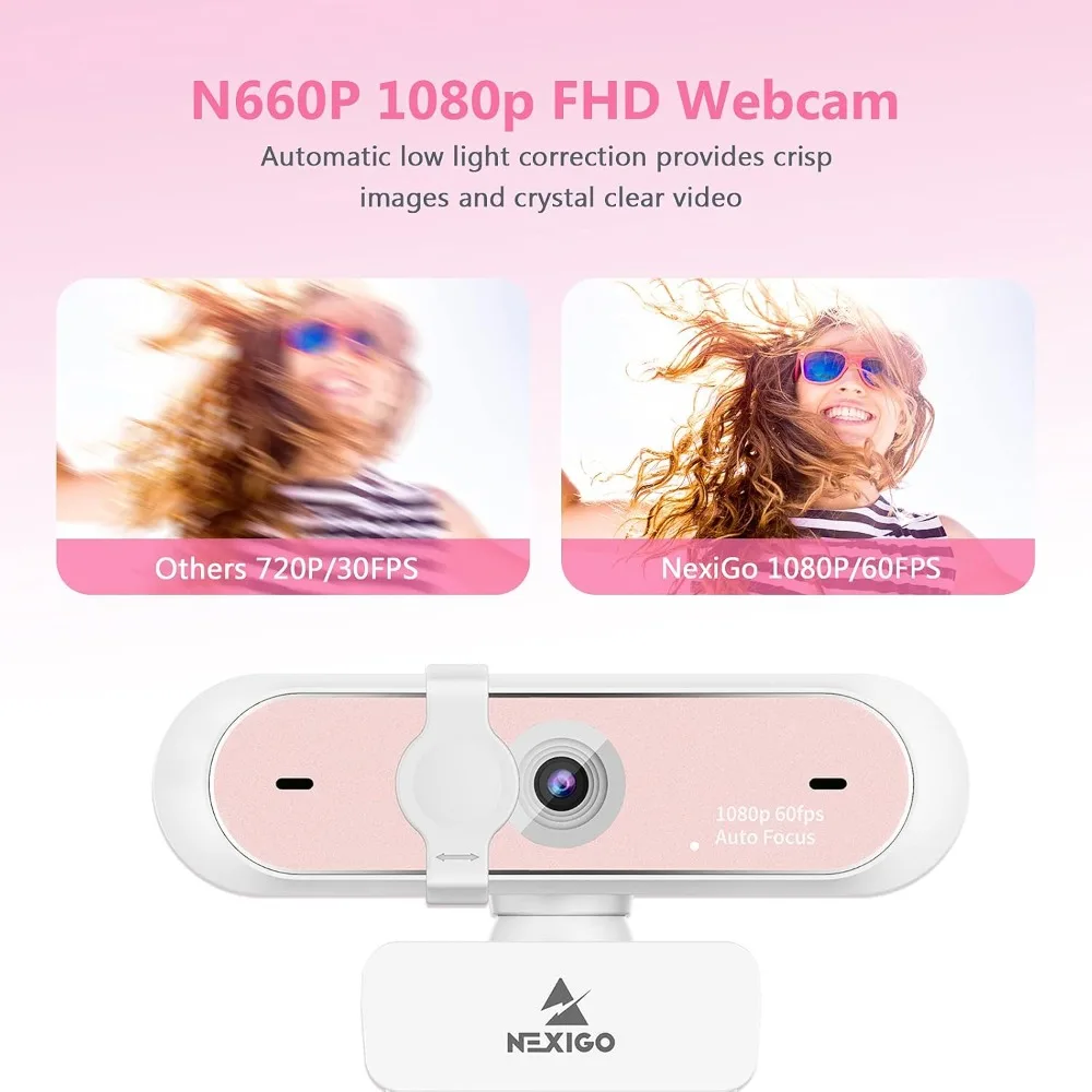 1080P 60Fps Webcam with Autofocus and Dual Mic 2 | PricZone Product promo showing a NexiGo webcam compares Others 720P30FPS with NexiGo 1080P60FPS on a pink gradient background beside a pink webcam image | PricZone