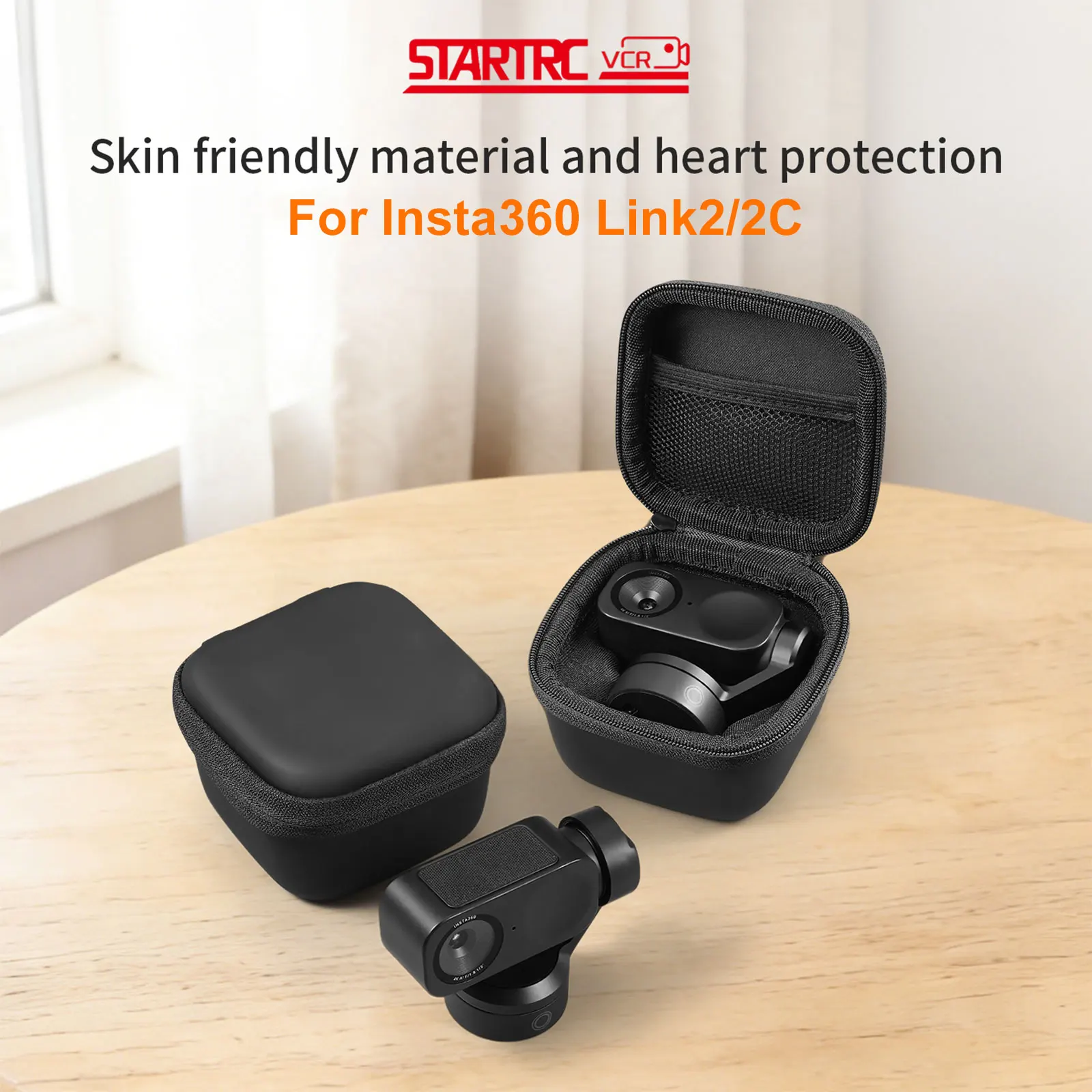 Open black hard-shell carrying case for Insta360 Link2/2C accessories, shown on a wooden table with the case partially open revealing a compact camera gimbal inside.
