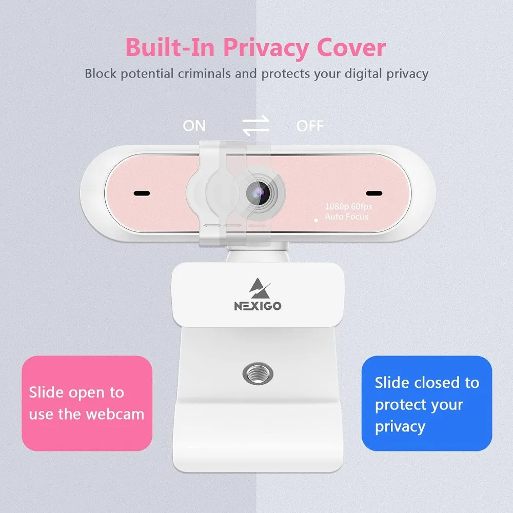 1080P 60Fps Webcam with Autofocus and Dual Mic 5 | PricZone NEXIGO webcam with a built in privacy cover slide open to use the webcam slide closed to protect privacy product branding visible | PricZone