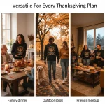 Triptych of Thanksgiving scenes indoor family dinner outdoor autumn stroll with a dog and friends meetup indoors | PricZone