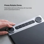 Bluetooth Graphics Drawing Tablet with Dual Dials 3 | PricZone PressRotateDone Work faster and more efficiently with dual dials and 6 customized buttons shown on a silver device edge with a hand resting nearby | PricZone