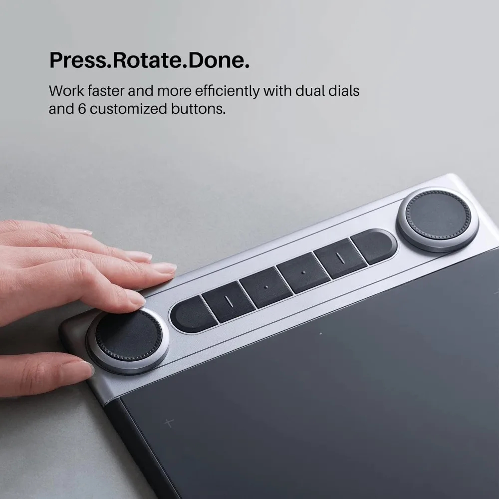 Bluetooth Graphics Drawing Tablet with Dual Dials 3 | PricZone PressRotateDone Work faster and more efficiently with dual dials and 6 customized buttons shown on a silver device edge with a hand resting nearby | PricZone