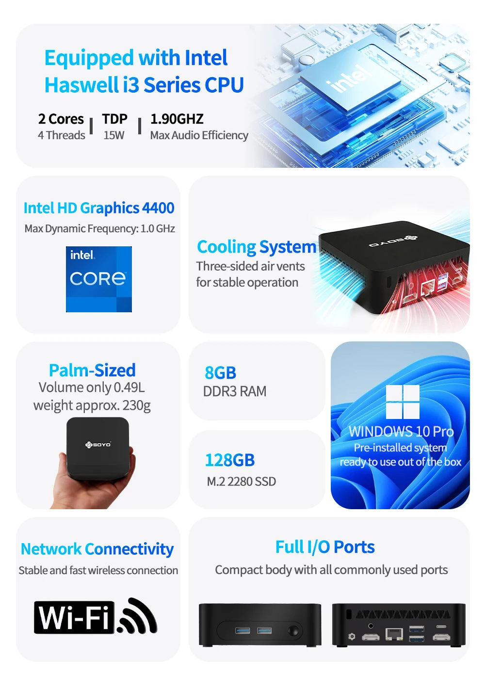 Soyo Y5 Intel Core I3 4030U Mini PC with 8Gb RAM and 128Gb 10