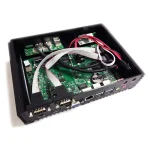 12Th Gen Fanless Mini PC I7 1255U Desktop Computer 6 | PricZone Open computer chassis showing a green motherboard with USB Ethernet and VGA ports and redwhite ribbon cables inside | PricZone