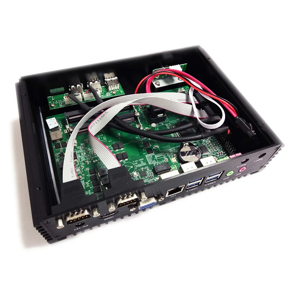 12Th Gen Fanless Mini PC I7 1255U Desktop Computer 6 | PricZone Open computer chassis showing a green motherboard with USB Ethernet and VGA ports and redwhite ribbon cables inside | PricZone
