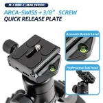 Fotopro Desktop Aluminum Tripod for Small Camera Video 2 | PricZone Close up of a M 5 Mini 2 tripod head showing the ARCA SWISS quick release plate and a bubble level | PricZone