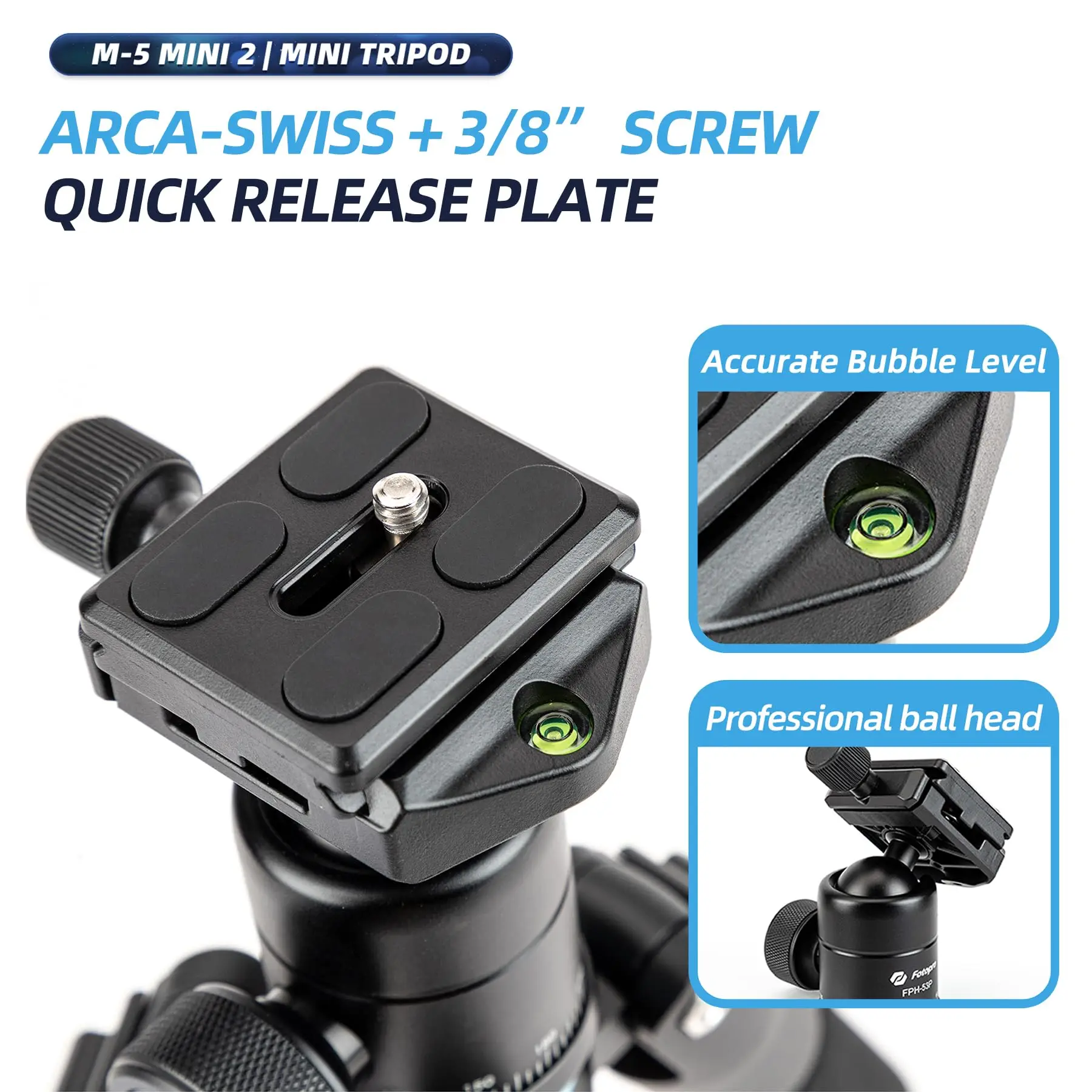 Fotopro Desktop Aluminum Tripod for Small Camera Video 2 | PricZone Close up of a M 5 Mini 2 tripod head showing the ARCA SWISS quick release plate and a bubble level | PricZone