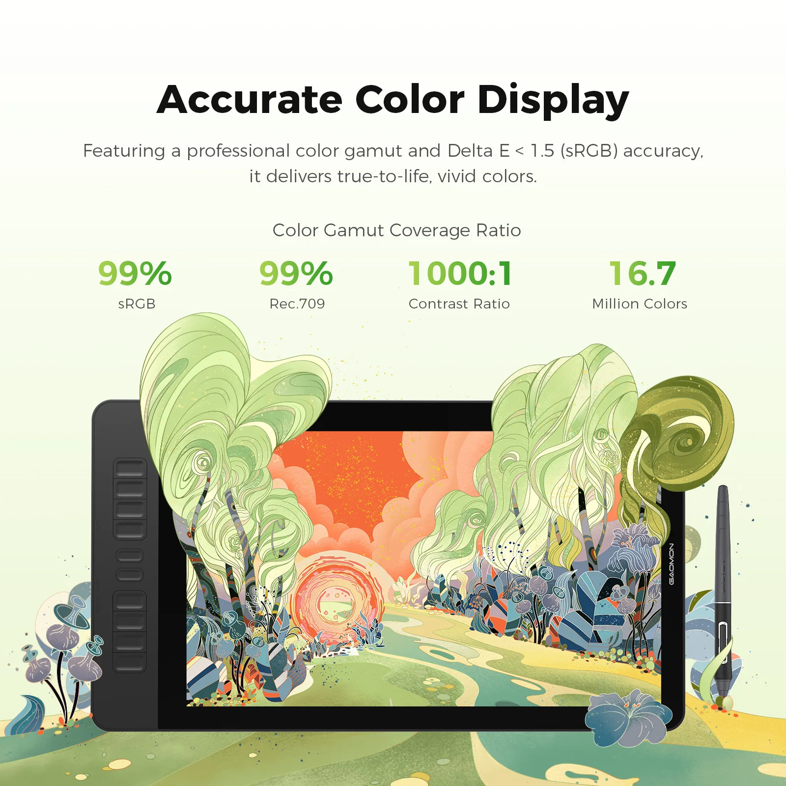 Gaomon Pd1561 V2 156 Inch Graphics Pen Display Tablet 3 | PricZone Tablet graphic with vibrant surreal plants bursting from the screen to illustrate accurate color display Ready made banner text about color accuracy appears in the scene | PricZone