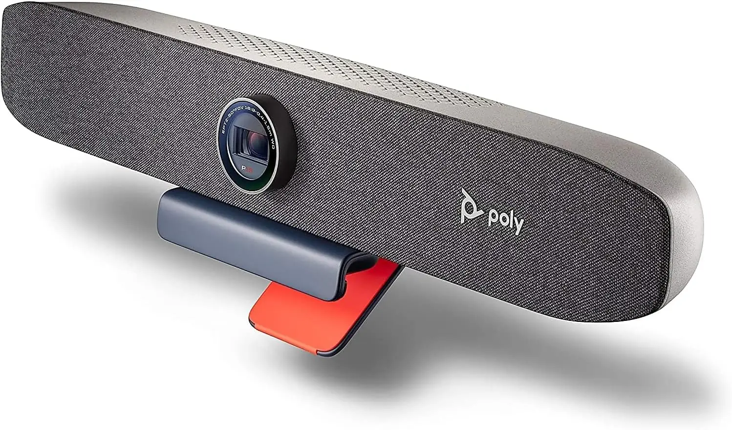 Webcam with fabric-covered body and integrated lens, mounted on a blue-clamp holder with an orange privacy shade clip for video calls