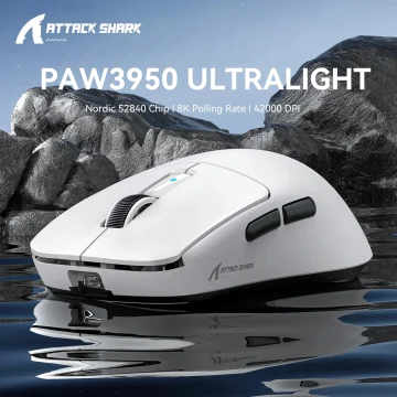 PAW3950 Ultralight gaming mouse on rocky terrain with water reflection; Nordic 52840 chip, 18K polling, 42000 DPI (Attack Shark).