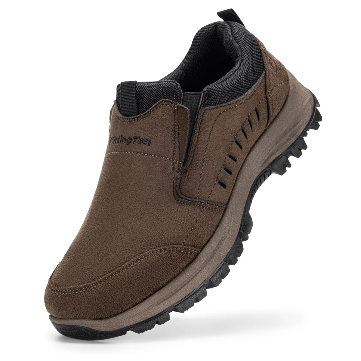Mens SlipOn Shoes Loafers for Business Casual Wear 1 | PricZone Brown slip on rugged outdoor shoe with a black padded collar and chunky tread sole for traction | PricZone