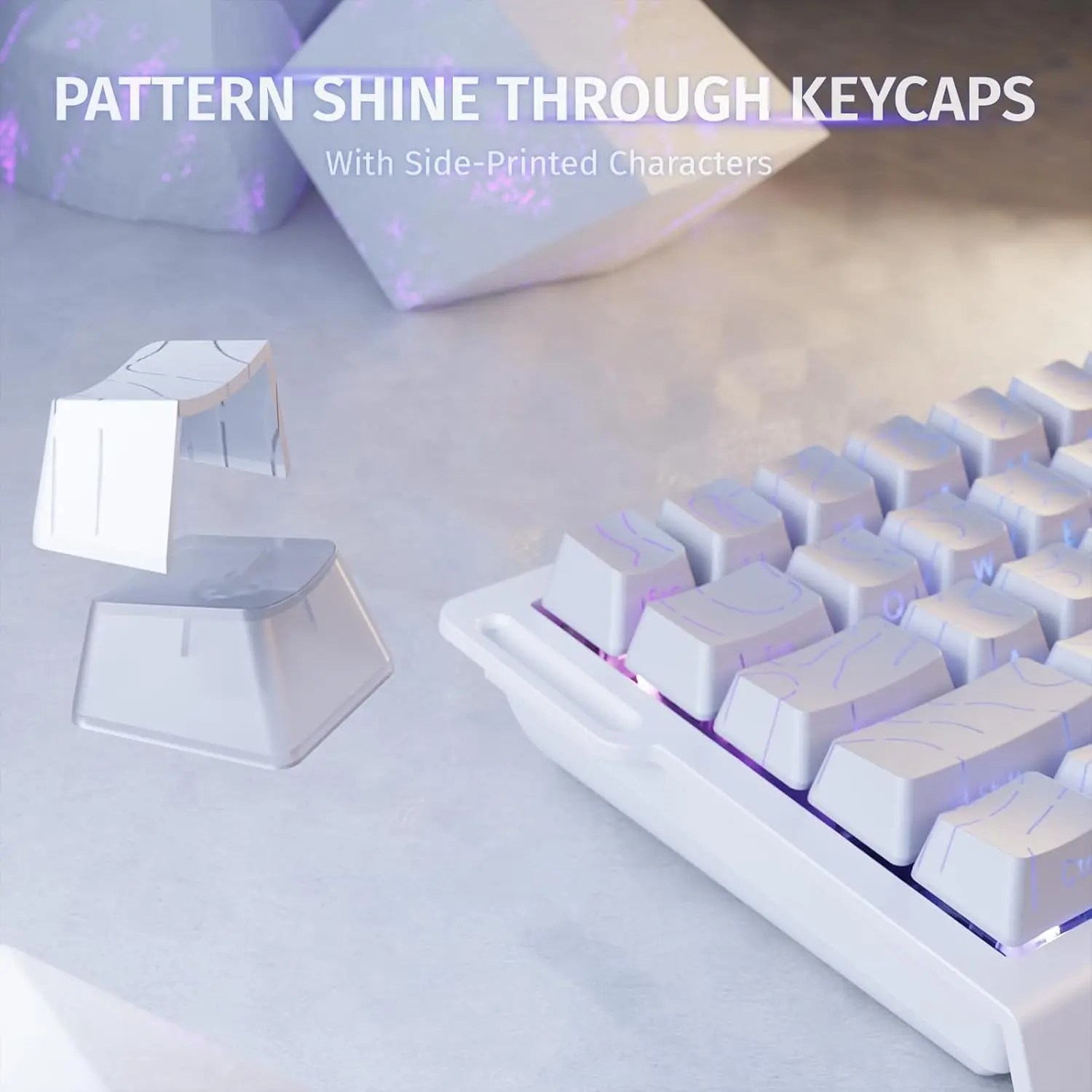 Attack Shark X68 He Rapid Trigger Mechanical Gaming 6 | PricZone Text overlay reads PATTERN SHINE THROUGH KEYCAPS with subtitle With Side Printed Characters shown atop a white keyboard with translucent keycaps on a pale surface | PricZone