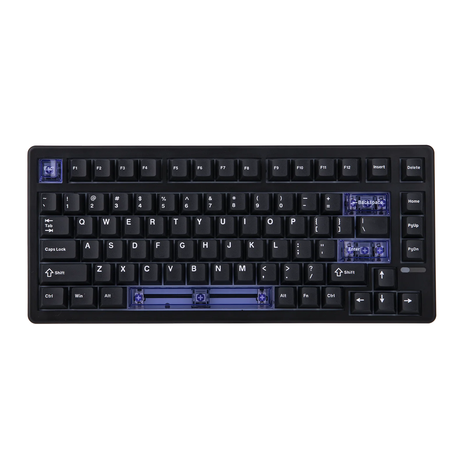 Top-down view of a black mechanical keyboard with transparent blue switches exposed under several keys, mainly on the left and right sections of the layout