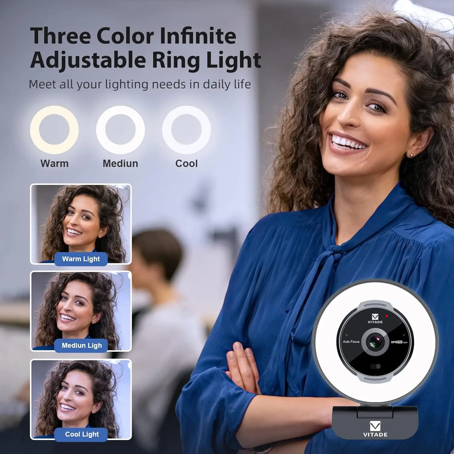 Banner for a three-color infinite adjustable ring light showing Warm, Medium, and Cool presets with a smiling model beside the device.