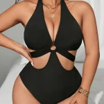 Black Plus Size Halter One Piece Swimsuit with Side Cutouts 5 | PricZone Black Plus Size Halter One Piece Swimsuit with Side Cutouts 5 | PricZone