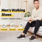 Man wearing black leather diabetic walking shoes while sitting on a couch features include Velcro design wide toe box and pain relief benefits | PricZone