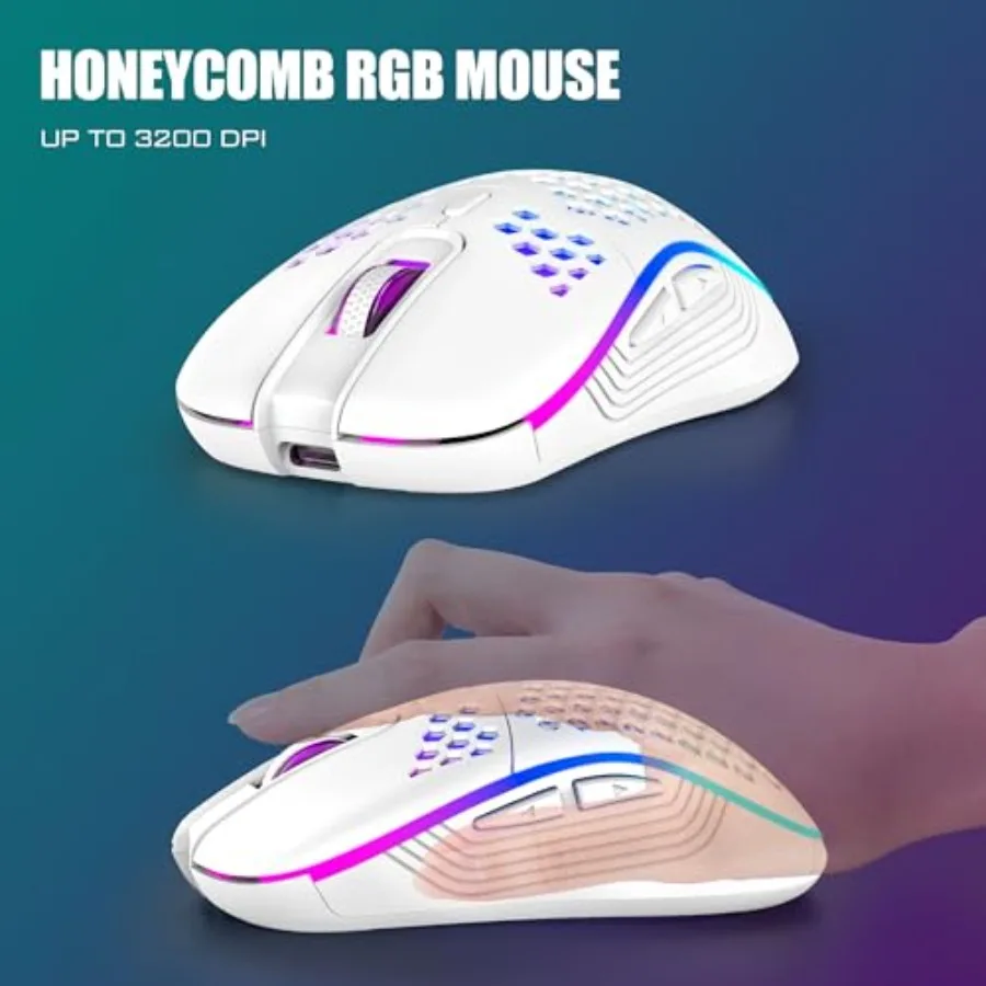 Two white Honeycomb RGB gaming mice with purple and blue lighting, shown from two angles on a gradient background; text reads 'HONEYCOMB RGB MOUSE' and 'UP TO 3200 DPI'.