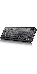 Compact wireless keyboard with rounded keys and a built-in trackball on the top-right edge.