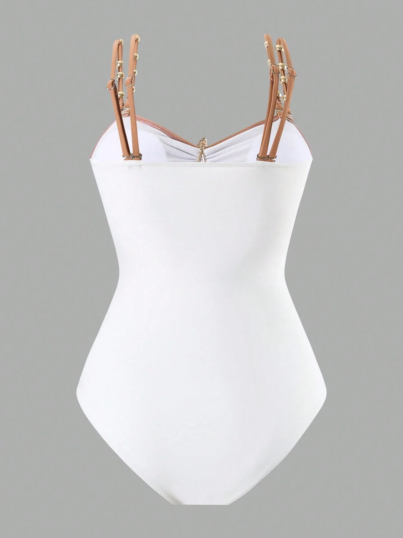 Minimalist White OnePiece Swimsuit with Metallic Beaded 1 | PricZone White bustier style top with tan dual straps and gold hardware on a gray background shown from the front on a mannequin torso | PricZone