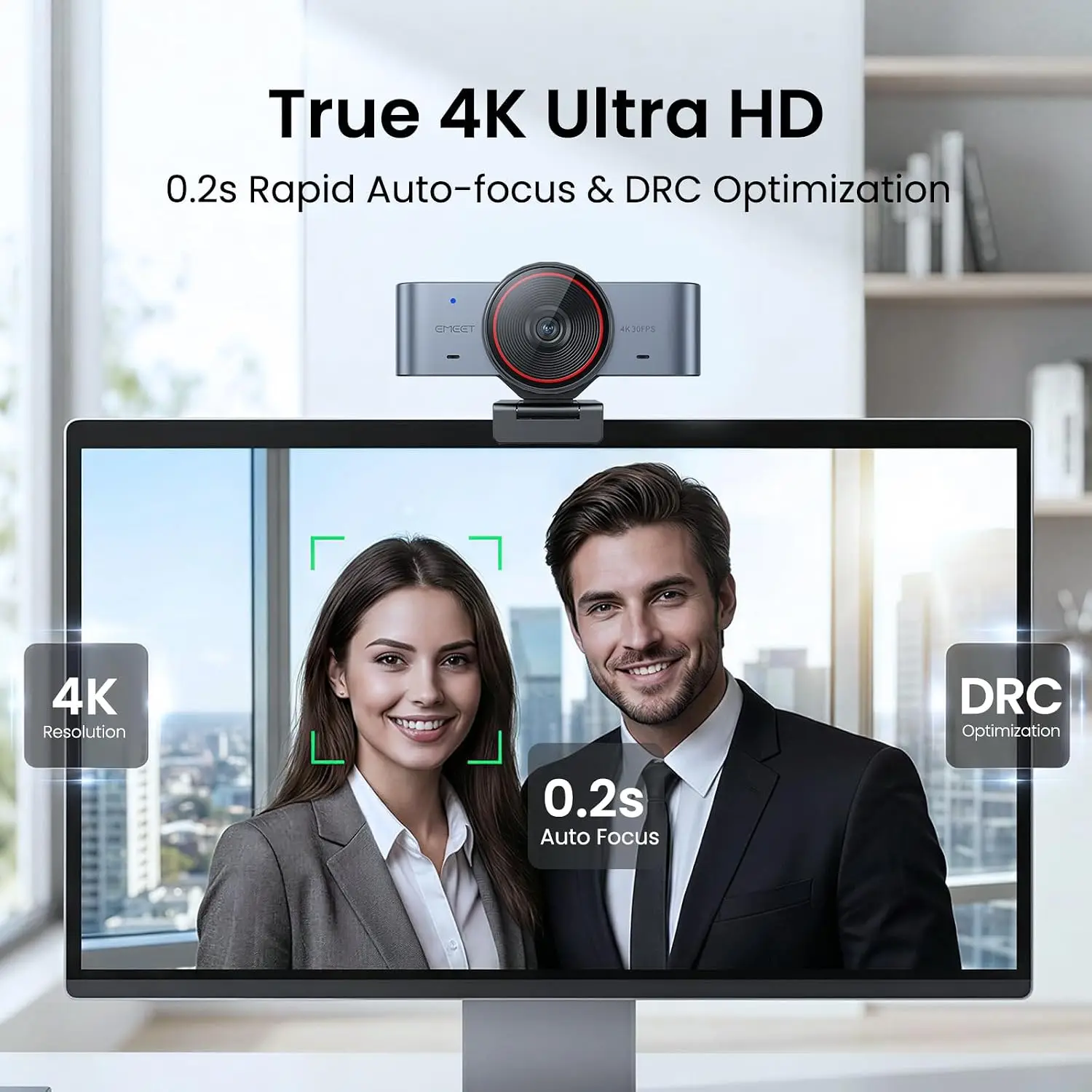 Monitor with built‑in webcam showing two smiling professionals on screen; overlay text highlights True 4K Ultra HD, 0.2s Auto Focus and DRC Optimization; 4K and DRC badges are visible.