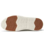 Bottom view of a white shoe sole with brown chevron tread patterns for traction | PricZone
