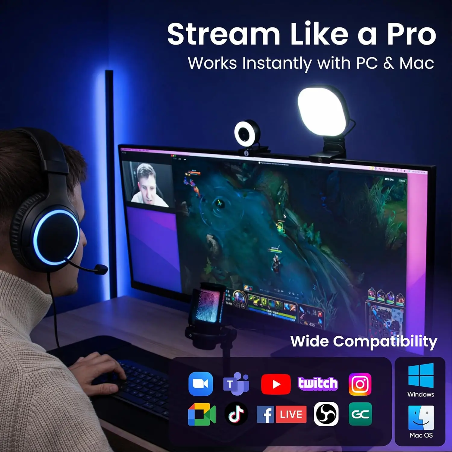 1080P Streaming Kit with Webcam Mic and LED Light 9