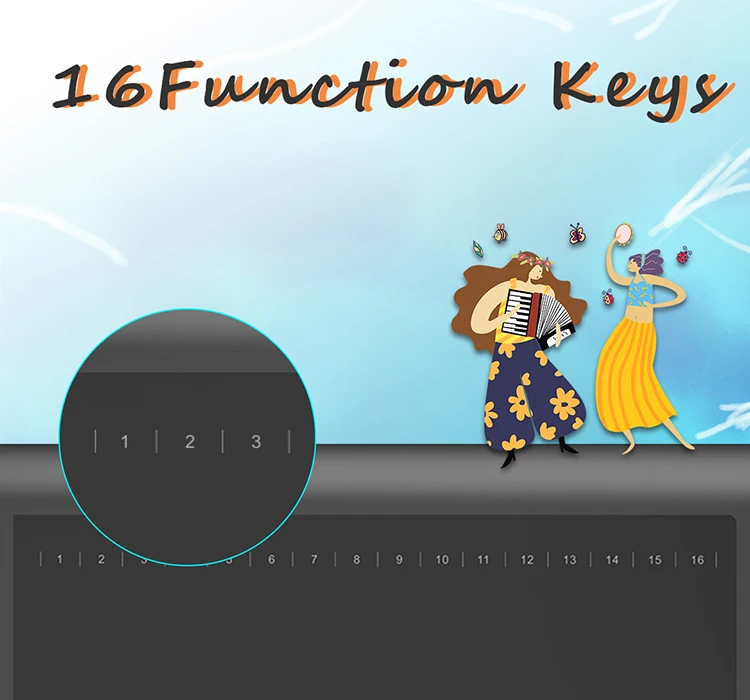 Illustration of a keyboard showing 16 function keys (1–16) on a dark panel, with two dancers and an accordion player on a blue gradient background behind a stage.