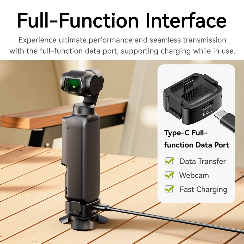 Ulanzi Pk08 Pk11 Pocket 3 Mini Tripod Kit for Dji Osmo 4 | PricZone Gimbal camera on a stand with a right side panel showing a Type C full function data port and features data transfer webcam fast charging | PricZone