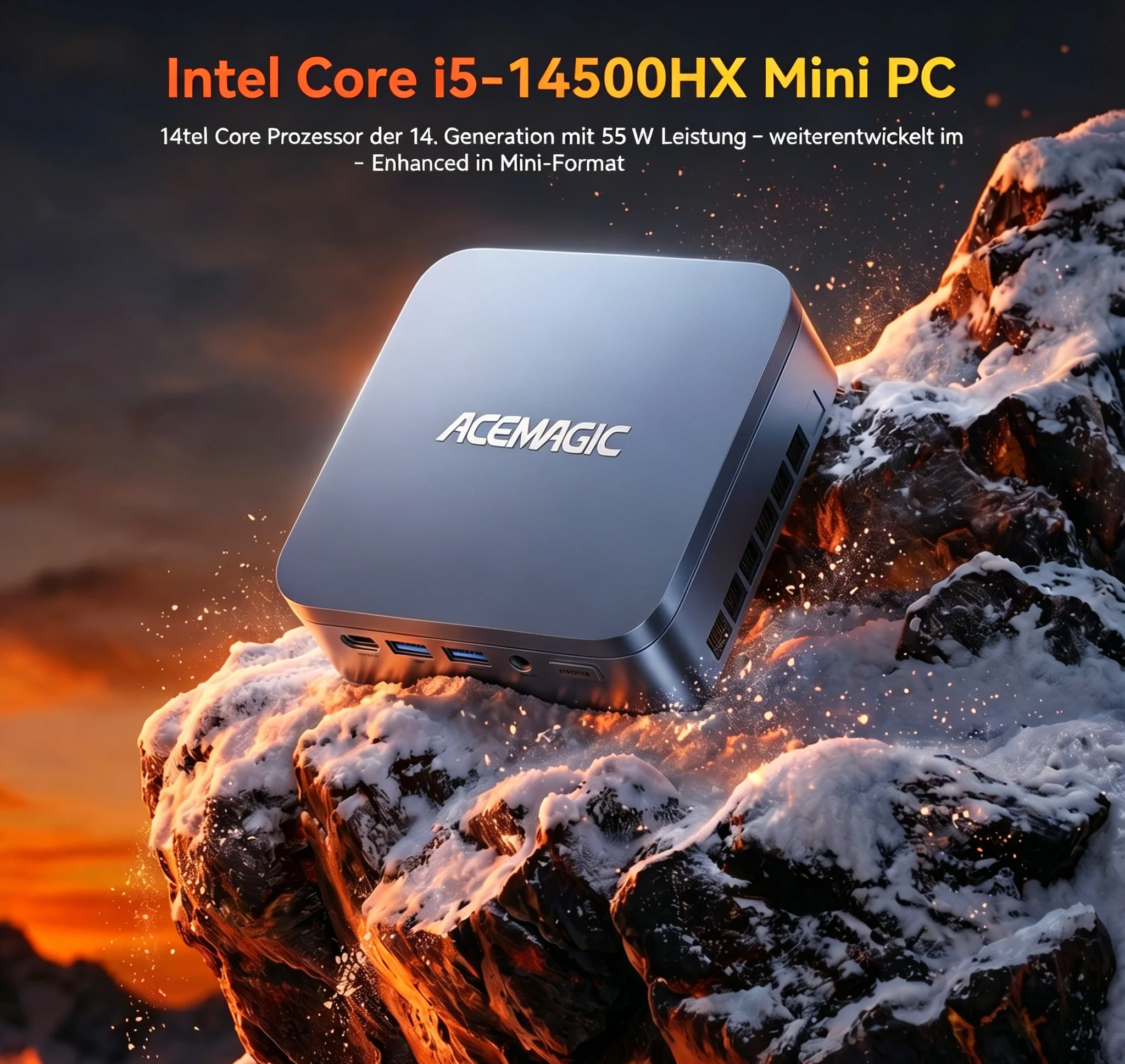 ACEMAGIC mini PC with Intel Core i5-14500HX against a fiery snowy mountain backdrop.