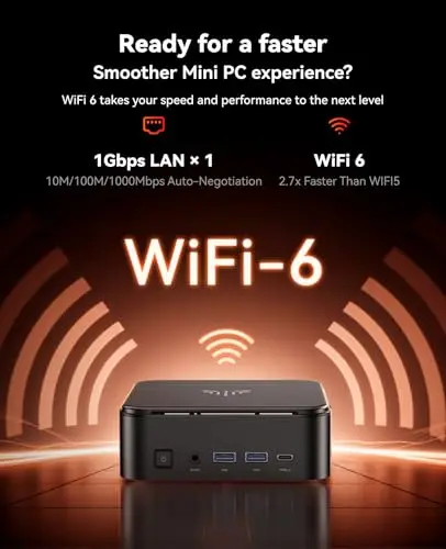 Promotional image for WiFi 6 mini PC; shows a black compact device with glowing orange waves and the text 'WiFi-6'.