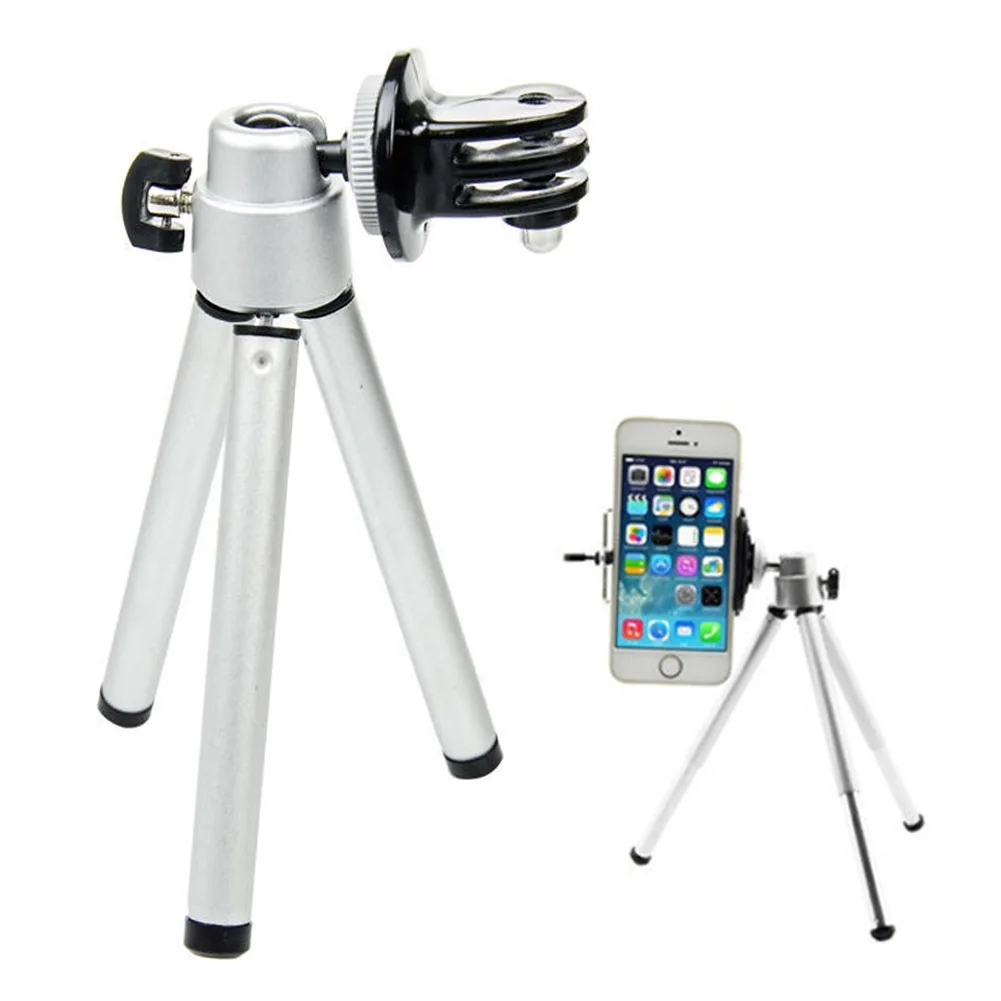 Mini Aluminum Alloy Tripod for GoPro Phone Camera 6 | PricZone Silver telescoping tripod with adjustable phone mount capable of holding a smartphone for hands free photos or video future use | PricZone